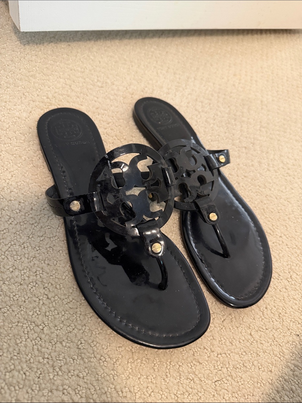 Tory Burch Black Patent Leather Logo Thong Sandals